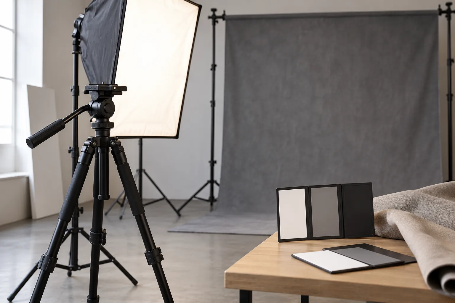Stativ und Lichtzubehör in einem Fotostudio